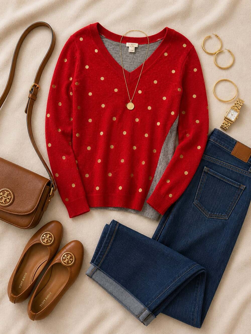 J. Crew Red and Gray Two-Tone Polka Dot Sweater sz s